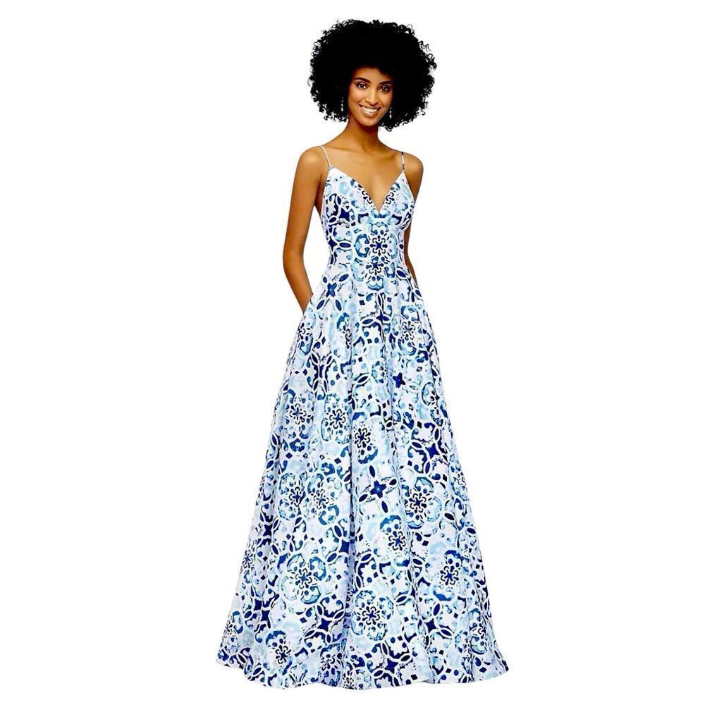 Betsy‎ & Adam Blue White Mosaic Print V-Neck   Spring Wedding Guest Dress 14